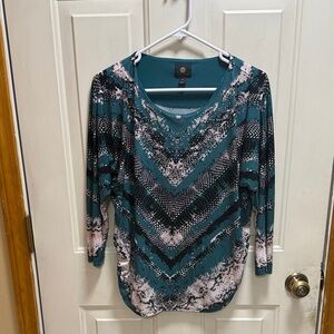 JM Collection Teal and Black Patterned Long Sleeve Top